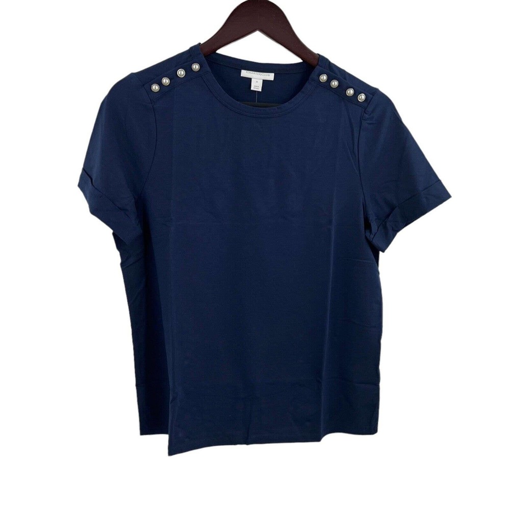 Charter‎ Club Navy Short Sleeve Top Button Shoulder Size Medium New
